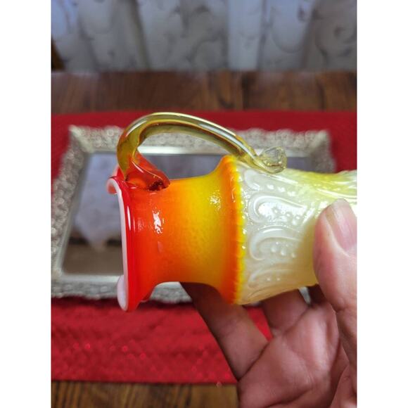 Vintage Small Art Glass Kawana Pitcher, Retro Vase Ewer, Orange Yellow - Picture 5 of 5